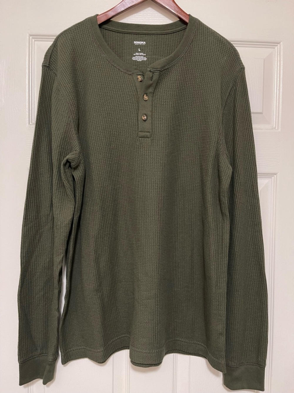 Mens Sonoma Olive Green Waffle Henley Long-Sleeve Shirt